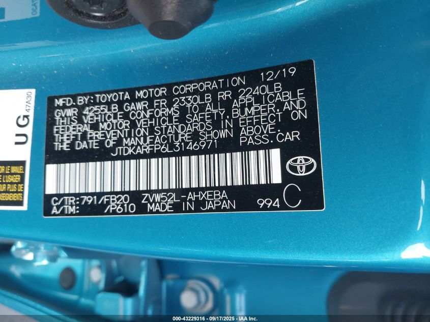 2020 Toyota Prius Prime Le VIN: JTDKARFP6L3146971 Lot: 43229316