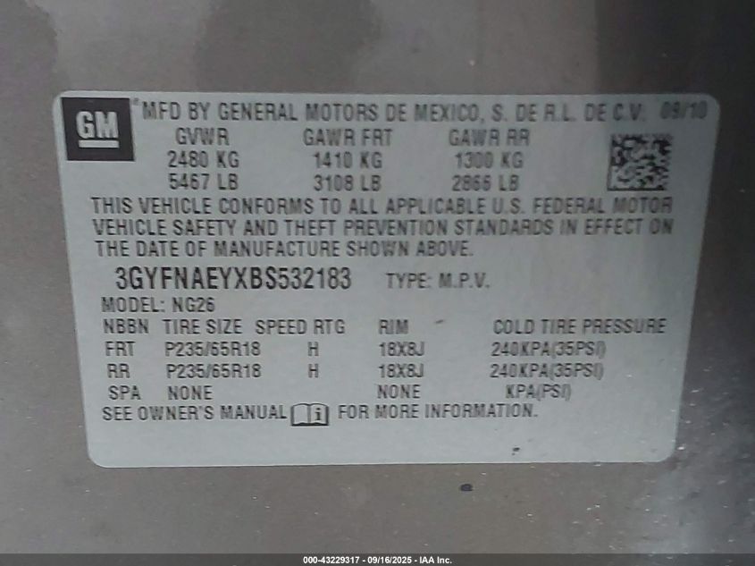 2011 Cadillac Srx Luxury Collection VIN: 3GYFNAEYXBS532183 Lot: 43229317