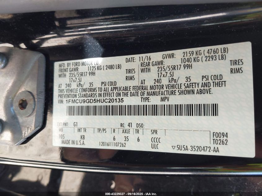 2017 Ford Escape Se VIN: 1FMCU9GD5HUC20135 Lot: 43229327