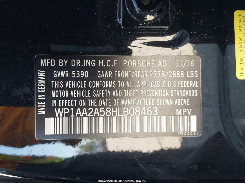 2017 Porsche Macan VIN: WP1AA2A58HLB08463 Lot: 43229350