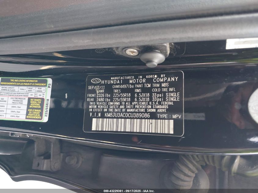 2012 Hyundai Tucson Limited VIN: KM8JU3AC0CU389086 Lot: 43229361