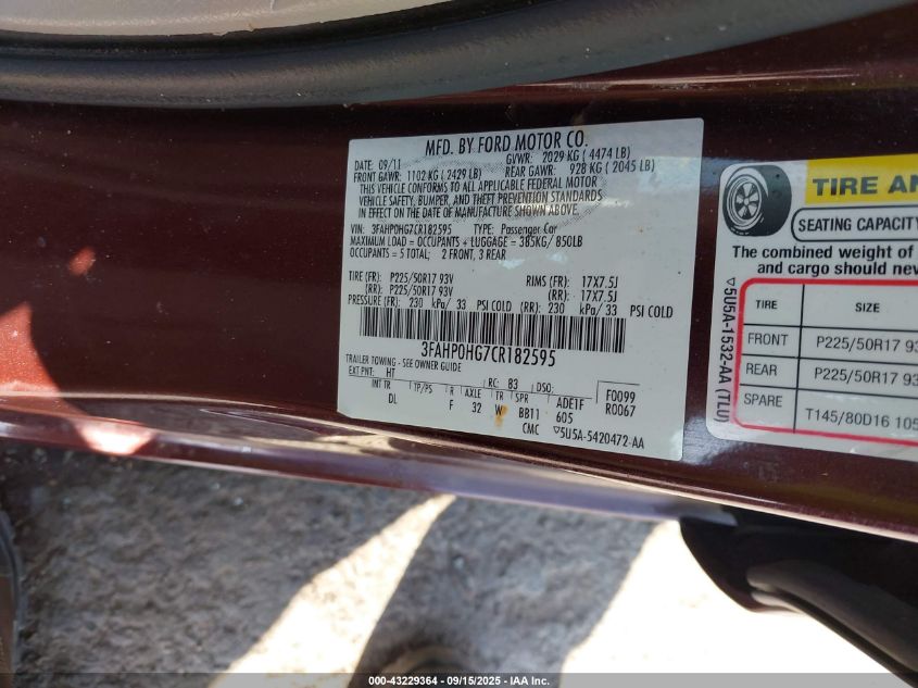 2012 Ford Fusion Se VIN: 3FAHP0HG7CR182595 Lot: 43229364