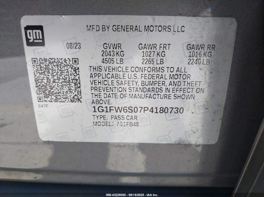 2023 Chevrolet Bolt Ev Fwd 1Lt VIN: 1G1FW6S07P4180730 Lot: 43229380