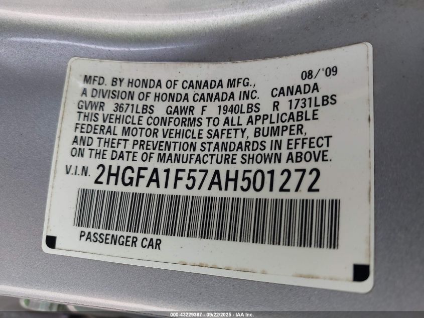 2010 Honda Civic Lx VIN: 2HGFA1F57AH501272 Lot: 43229387