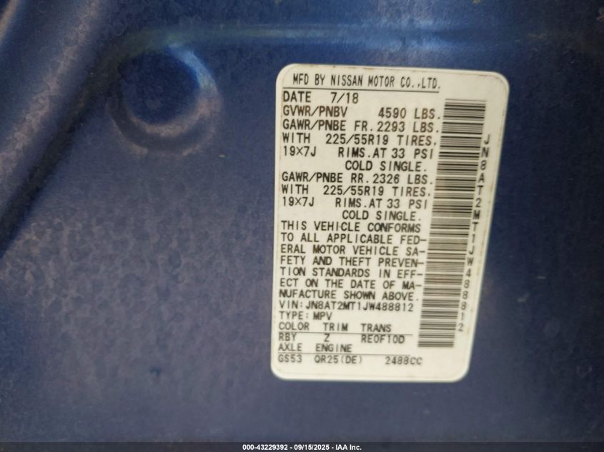 2018 Nissan Rogue Sl VIN: JN8AT2MT1JW488812 Lot: 43229392