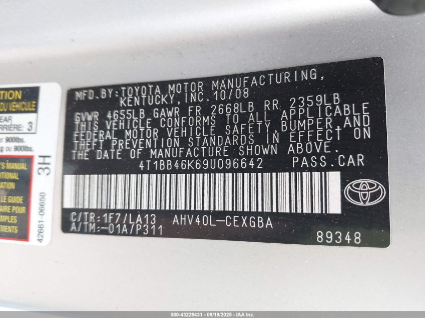 2009 Toyota Camry Hybrid VIN: 4T1BB46K69U096642 Lot: 43229431