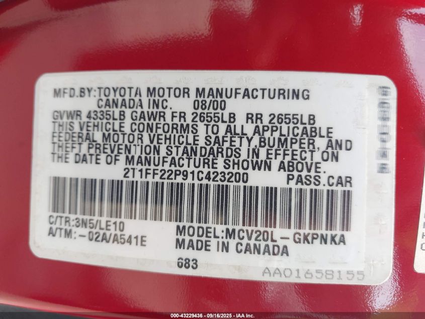 2001 Toyota Camry Solara Sle V6 VIN: 2T1FF22P91C423200 Lot: 43229436