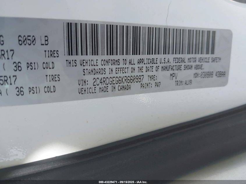 2019 Dodge Grand Caravan Gt VIN: 2C4RDGEG6KR660997 Lot: 43229471