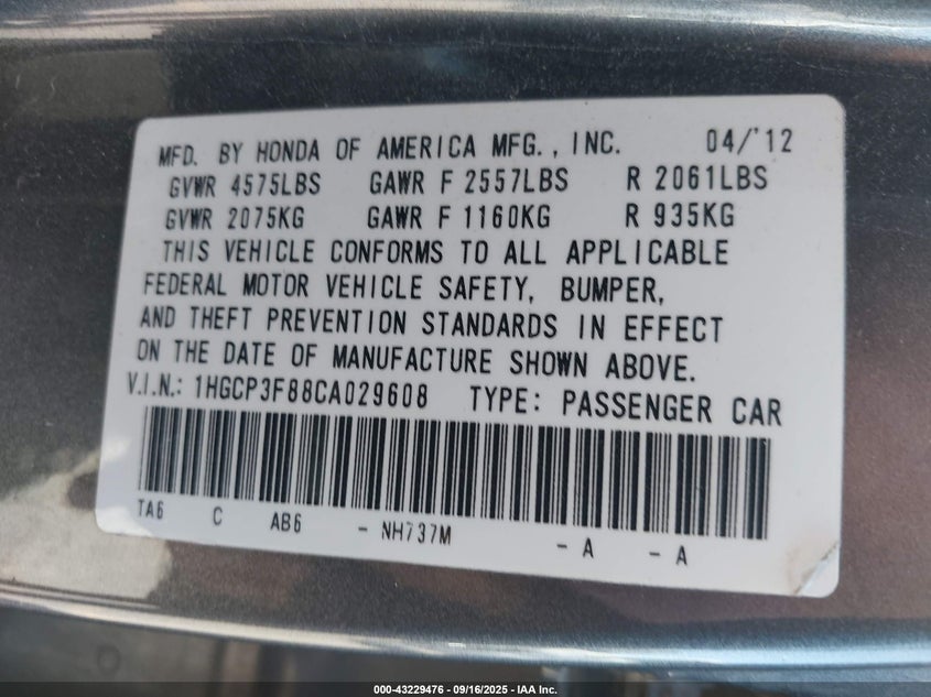 1HGCP3F88CA029608 2012 HONDA ACCORD photo no. 9