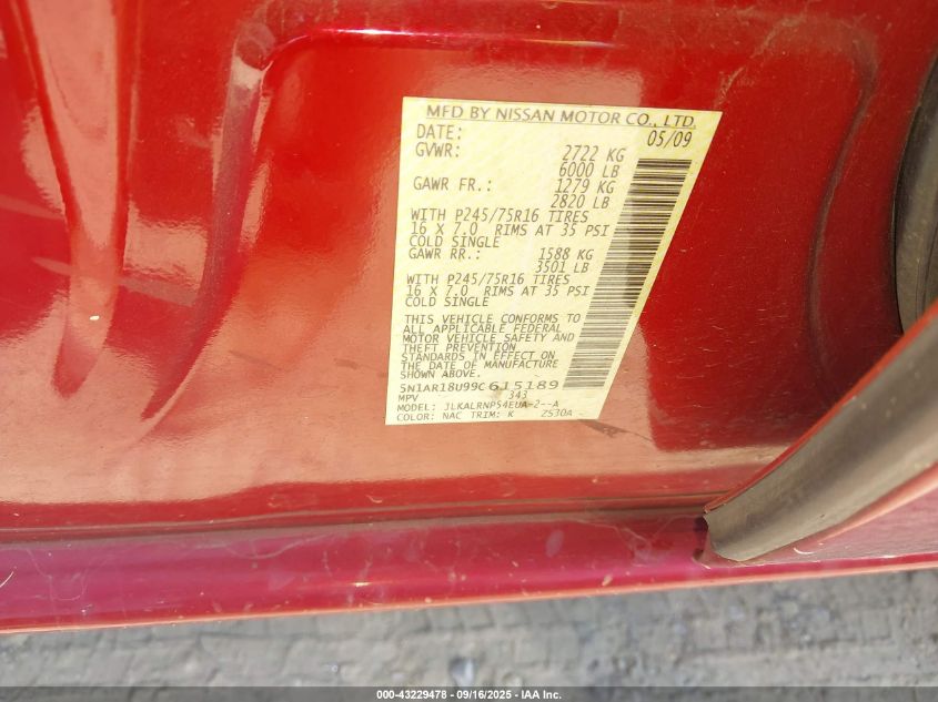 2009 Nissan Pathfinder S VIN: 5N1AR18U99C615189 Lot: 43229478