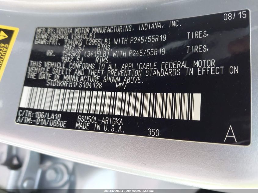 2015 Toyota Highlander Limited V6 VIN: 5TDYKRFH1FS104128 Lot: 43229484