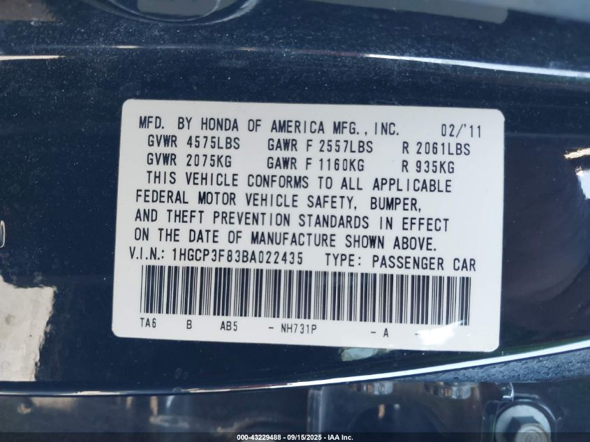 2011 Honda Accord 3.5 Ex-L VIN: 1HGCP3F83BA022435 Lot: 43229488