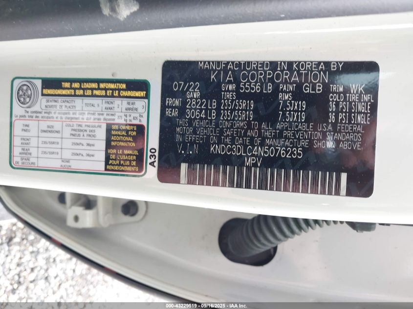 2022 Kia Ev6 Wind VIN: KNDC3DLC4N5076235 Lot: 43229519