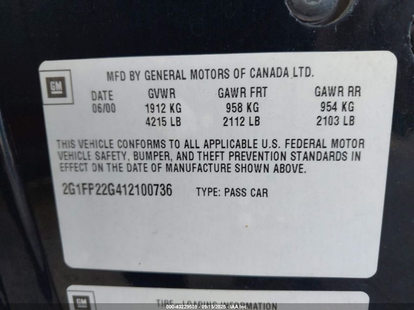 2001 Chevrolet Camaro Z28 VIN: 2G1FP22G412100736 Lot: 43229539
