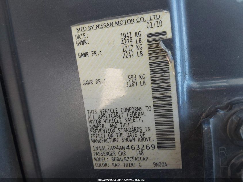 2010 Nissan Altima 2.5 S VIN: 1N4AL2AP4AN463269 Lot: 43229554
