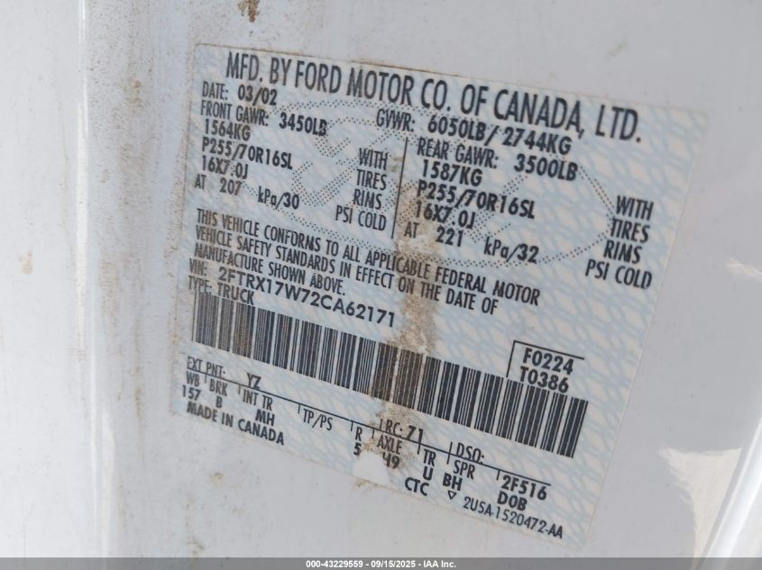 2002 Ford F-150 Lariat/Xl/Xlt VIN: 2FTRX17W72CA62171 Lot: 43229559