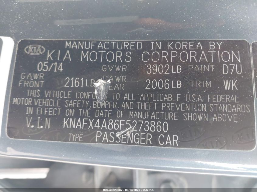 2015 Kia Forte Ex VIN: KNAFX4A86F5273860 Lot: 43229582