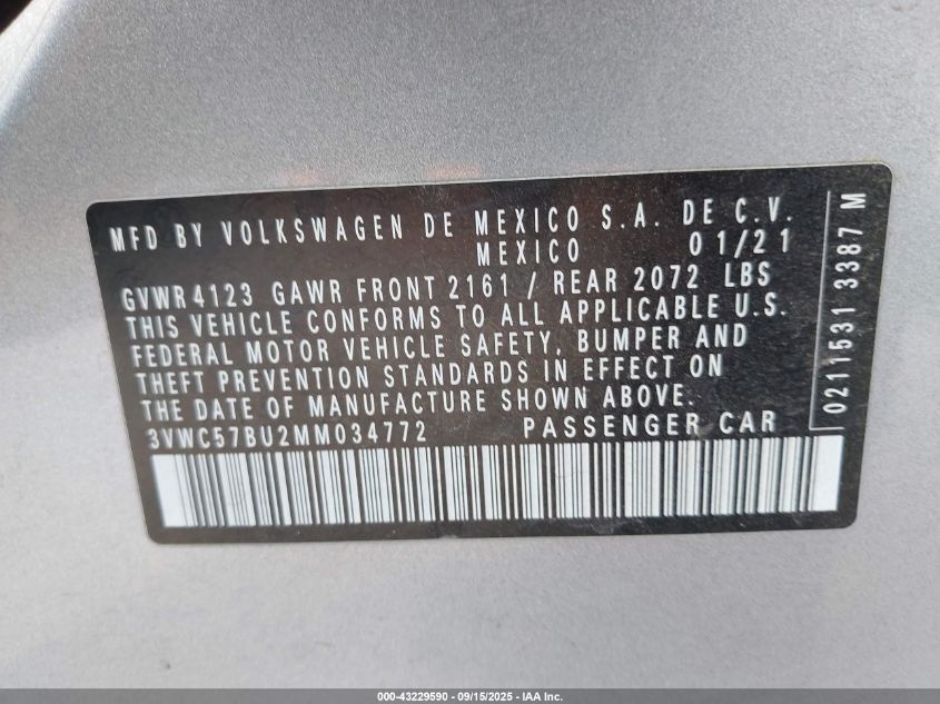 2021 Volkswagen Jetta 1.4T R-Line/1.4T S/1.4T Se VIN: 3VWC57BU2MM034772 Lot: 43229590