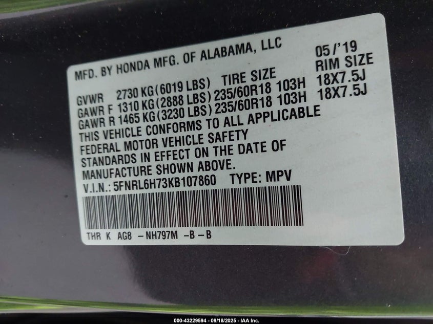 2019 Honda Odyssey Ex-L VIN: 5FNRL6H73KB107860 Lot: 43229594