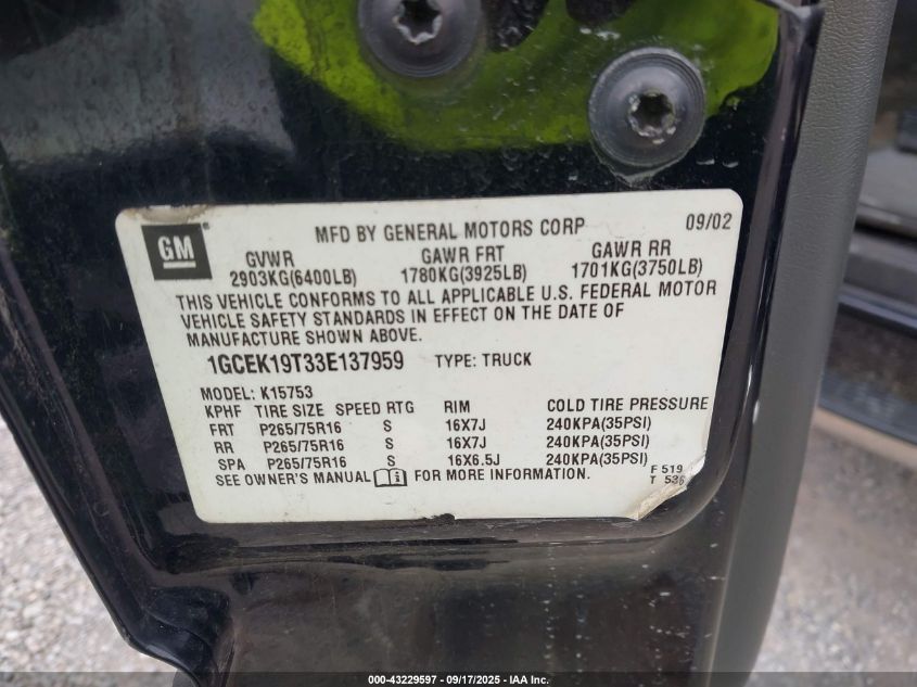 2003 Chevrolet Silverado 1500 Lt VIN: 1GCEK19T33E137959 Lot: 43229597
