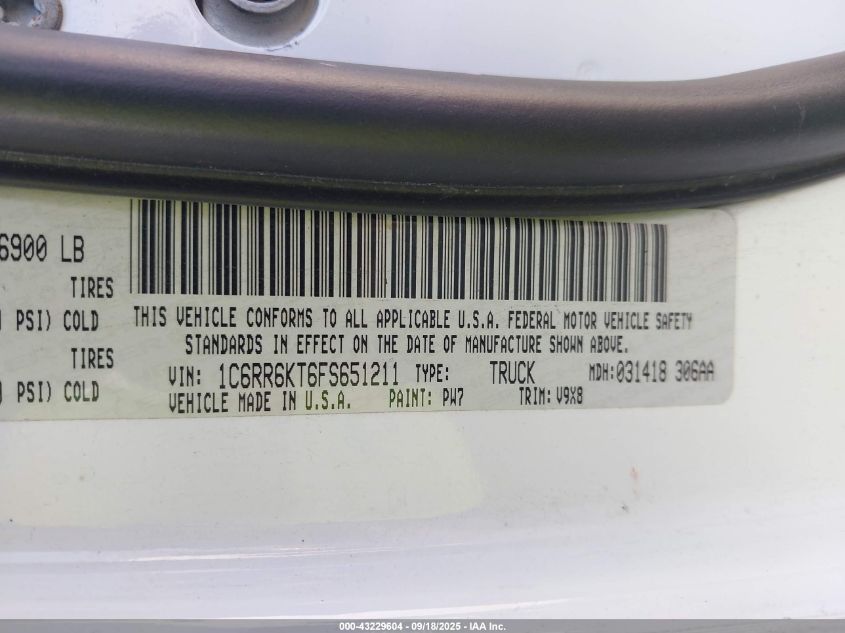 2015 Ram 1500 Express VIN: 1C6RR6KT6FS651211 Lot: 43229604