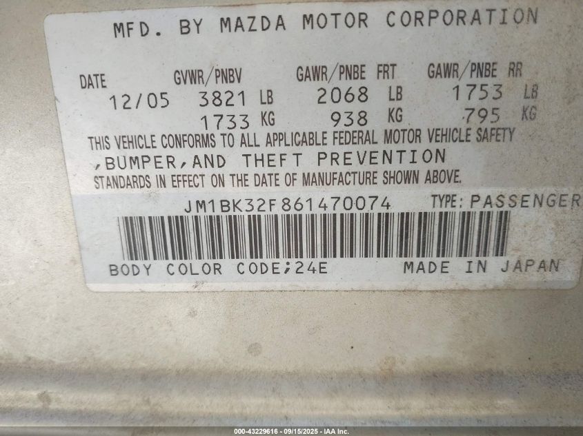 2006 Mazda Mazda3 I VIN: JM1BK32F861470074 Lot: 43229616