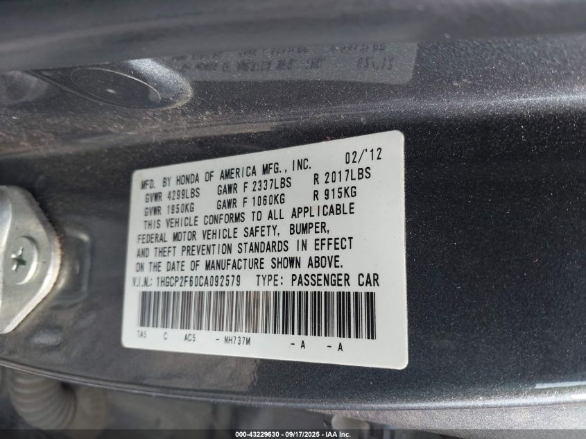2012 Honda Accord 2.4 Se VIN: 1HGCP2F60CA092579 Lot: 43229630