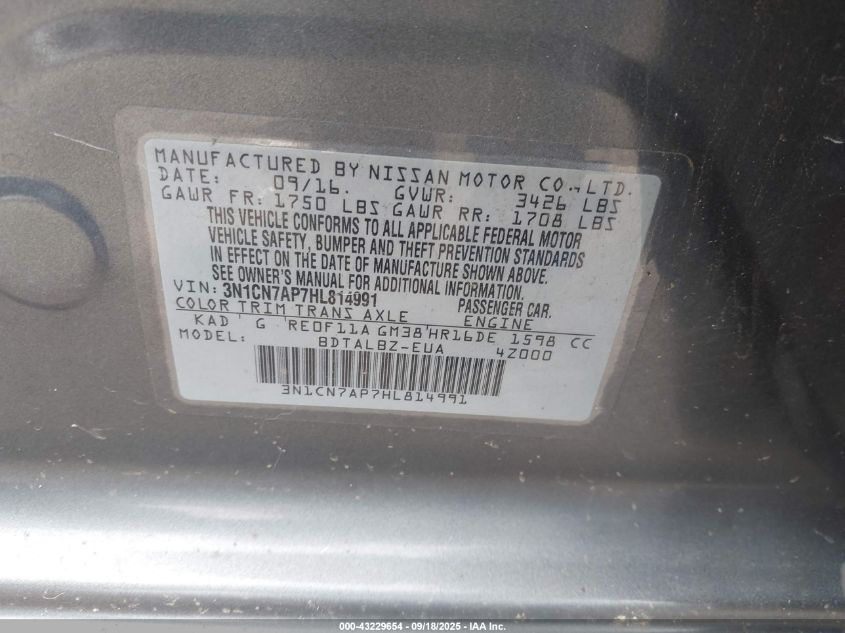 2017 Nissan Versa 1.6 S/1.6 S+/1.6 Sl/1.6 Sv VIN: 3N1CN7AP7HL814991 Lot: 43229654