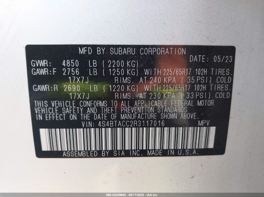 2024 Subaru Outback Premium VIN: 4S4BTACC2R3117016 Lot: 43229665