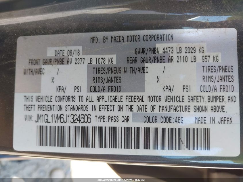 2018 Mazda Mazda6 Touring VIN: JM1GL1VM6J1324606 Lot: 43229669