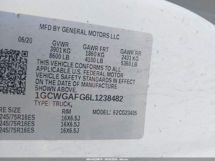 2020 Chevrolet Express Cargo Rwd 2500 Regular Wheelbase Wt VIN: 1GCWGAFG6L1238482 Lot: 43229678
