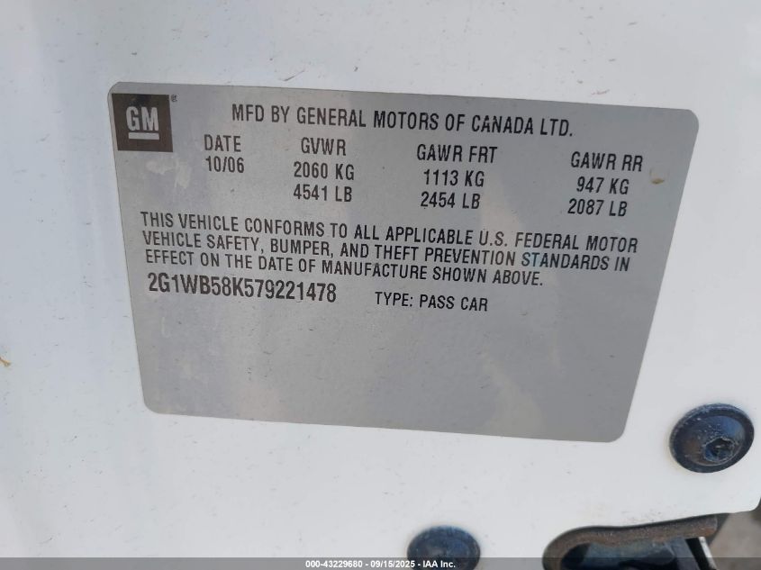 2007 Chevrolet Impala Ls VIN: 2G1WB58K579221478 Lot: 43229680
