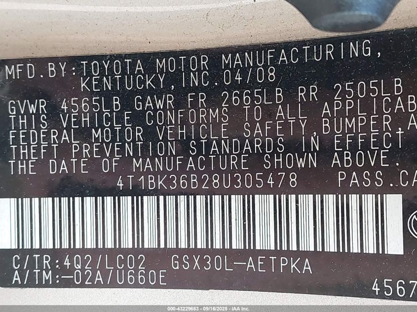 2008 Toyota Avalon Limited VIN: 4T1BK36B28U305478 Lot: 43229683