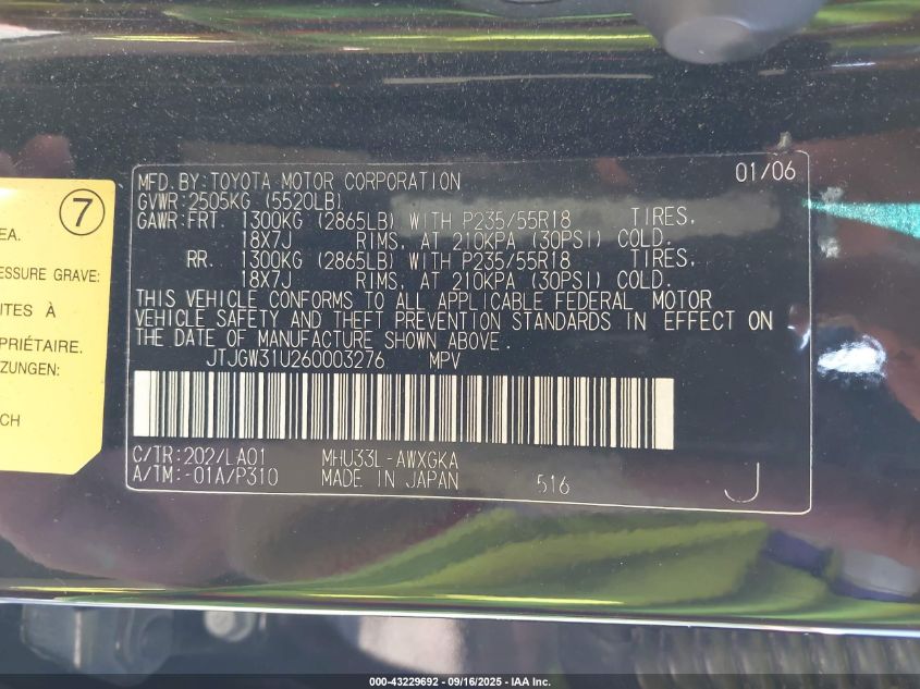 2006 Lexus Rx 400H VIN: JTJGW31U260003276 Lot: 43229692