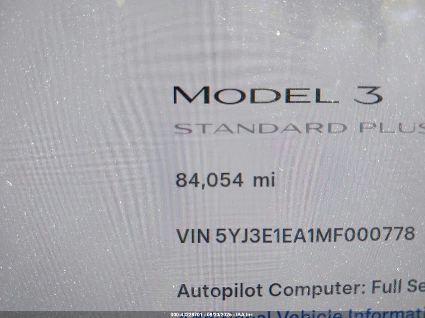 2021 Tesla Model 3 Standard Range Plus Rear-Wheel Drive VIN: 5YJ3E1EA1MF000778 Lot: 43229701