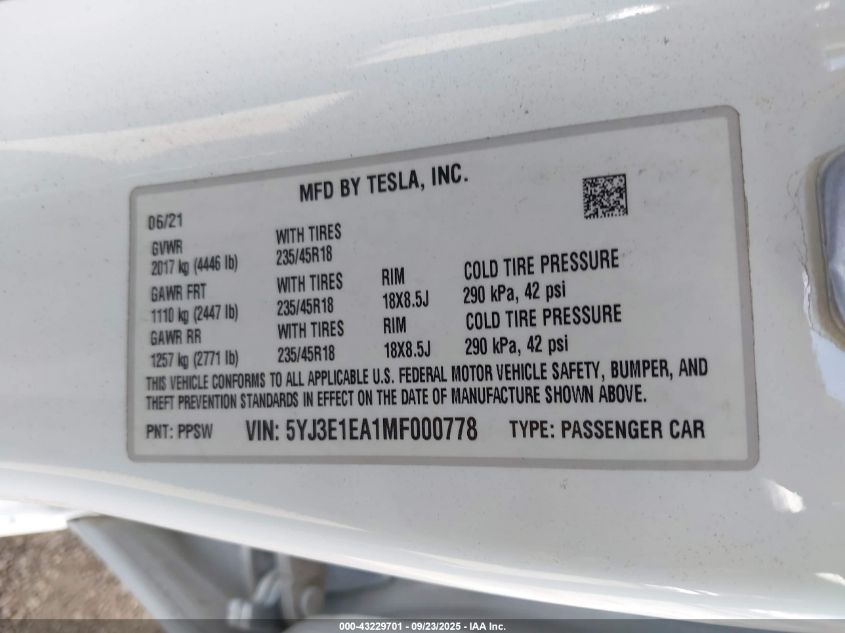 2021 Tesla Model 3 Standard Range Plus Rear-Wheel Drive VIN: 5YJ3E1EA1MF000778 Lot: 43229701