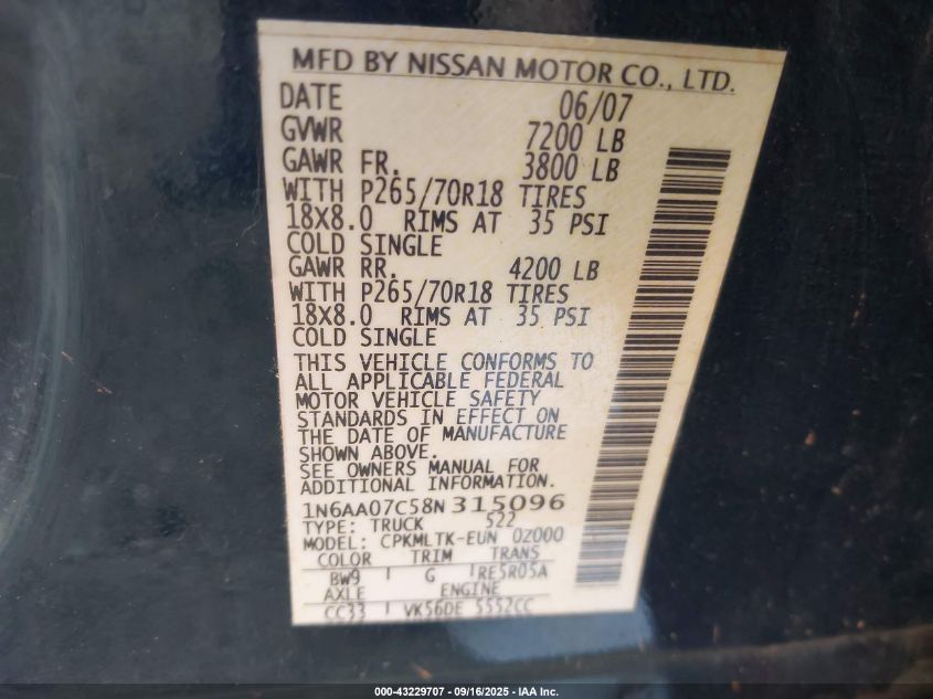 2008 Nissan Titan Se VIN: 1N6AA07C58N315096 Lot: 43229707