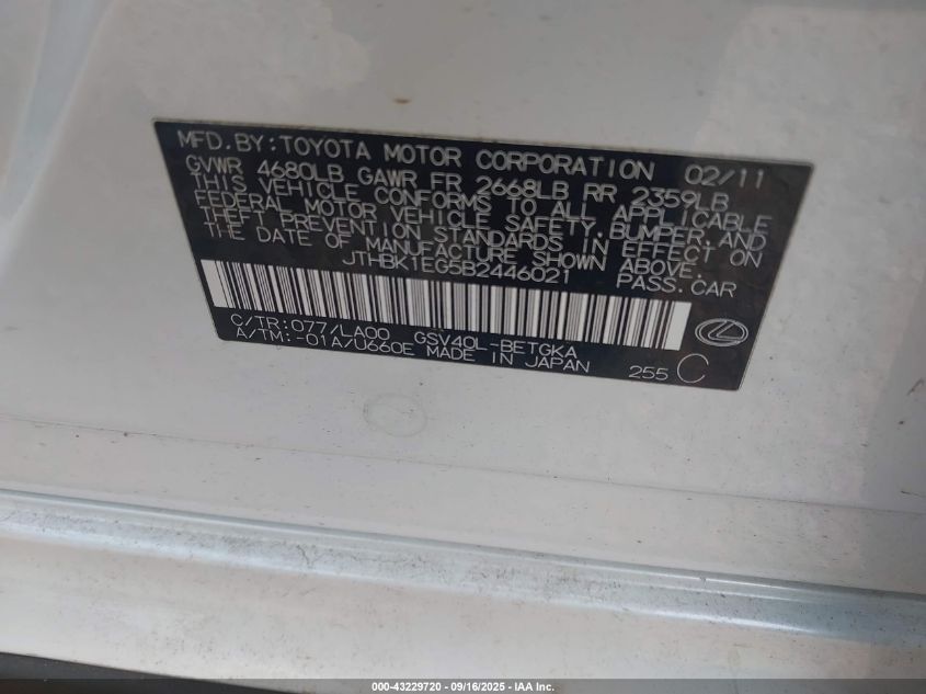 2011 Lexus Es 350 VIN: JTHBK1EG5B2446021 Lot: 43229720