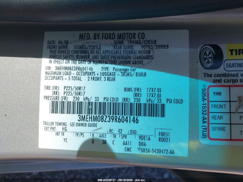 2009 Mercury Milan I4 Premier VIN: 3MEHM08Z39R604146 Lot: 43229727