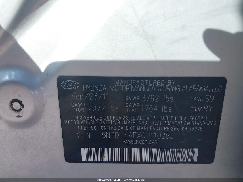 2012 Hyundai Elantra Limited VIN: 5NPDH4AEXCH110265 Lot: 43229734