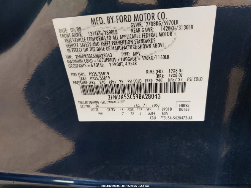 2009 Ford Flex Limited VIN: 2FMDK53C59BA28043 Lot: 43229735