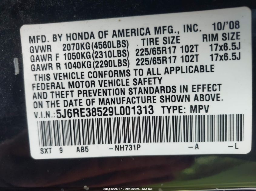 2009 Honda Cr-V Ex VIN: 5J6RE38529L001313 Lot: 43229737
