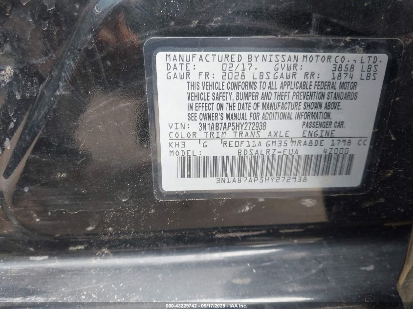 2017 Nissan Sentra Sr VIN: 3N1AB7AP5HY272938 Lot: 43229742