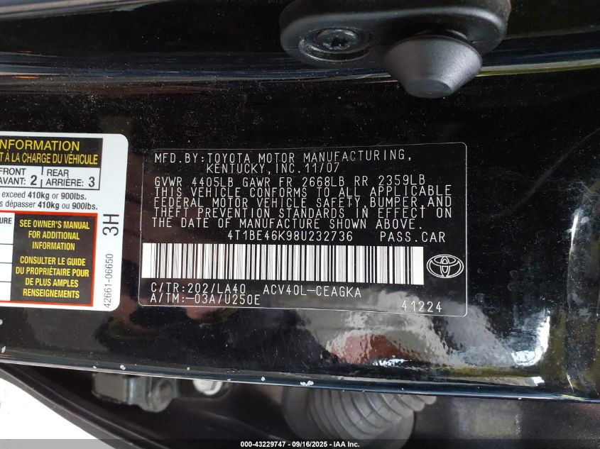 2008 Toyota Camry Xle VIN: 4T1BE46K98U232736 Lot: 43229747