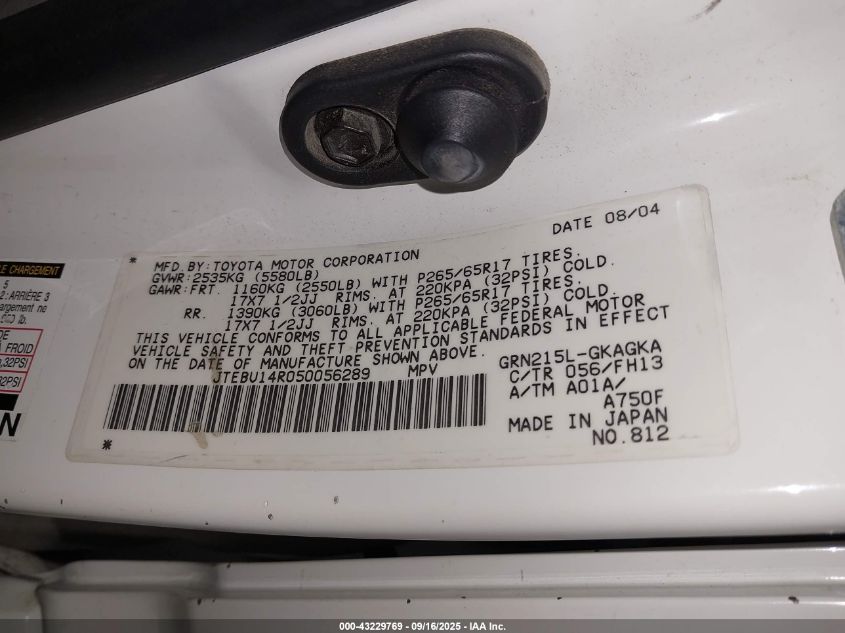 2005 Toyota 4Runner Sr5 Sport V6 VIN: JTEBU14R050056289 Lot: 43229769