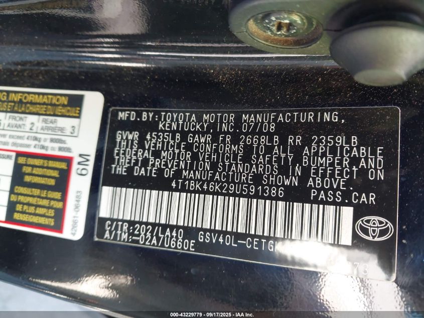 2009 Toyota Camry Xle V6 VIN: 4T1BK46K29U591386 Lot: 43229779