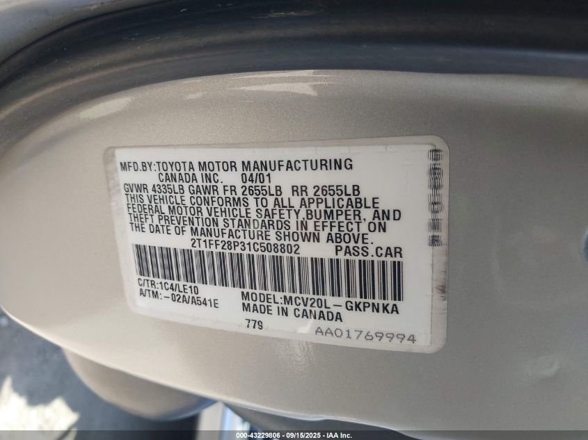 2001 Toyota Camry Solara Sle V6 VIN: 2T1FF28P31C508802 Lot: 43229806