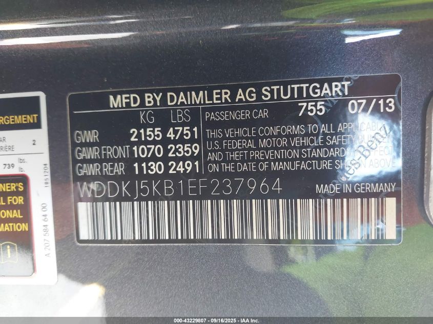 2014 Mercedes-Benz E 350 VIN: WDDKJ5KB1EF237964 Lot: 43229807