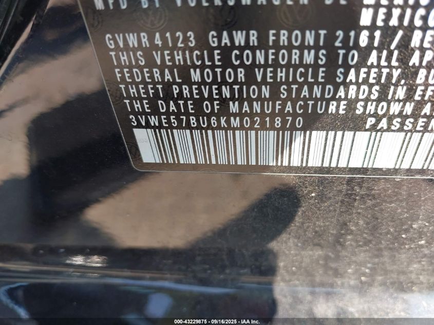 2019 Volkswagen Jetta 1.4T Sel VIN: 3VWE57BU6KM021870 Lot: 43229875