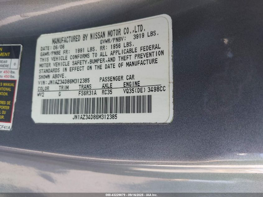 2006 Nissan 350Z Track VIN: JN1AZ34D86M312385 Lot: 43229879